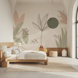 Beautiful Floral & Leaves Wallpaper Design, Customised Green & Beige - Wallpaper