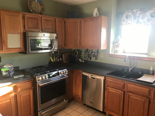 edgecomb gray in dark brown kitchen cabinets