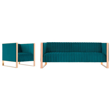Trillium Sofa and Armchair Set of 2 in Teal and Rose Gold