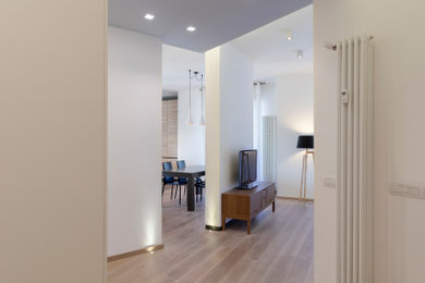This is an example of a small contemporary foyer with white walls, light hardwood floors and beige floor.