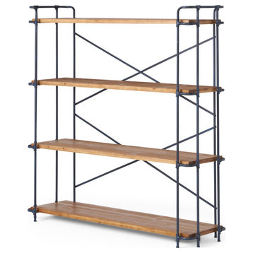Industrial Bookcase, Wide Design With Metal Frame & Fir Shelves, Antique Brown