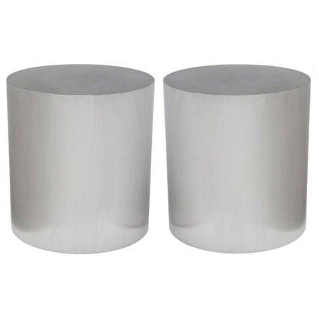 Home Square Piston Round Metal End Table in Silver - Set of 2