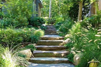 Modelo de camino de jardín clásico en patio trasero con jardín francés y adoquines de piedra natural