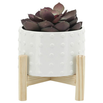 6" Ceramic Dotted Planter With Wood Stand, White