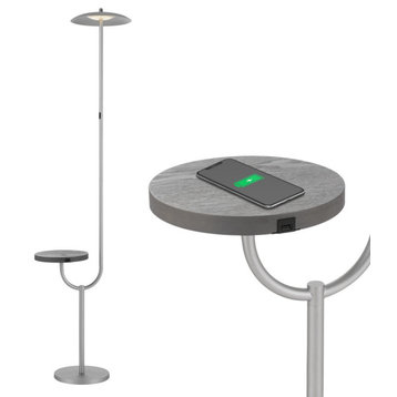 Parasol Silver Finish LED Floor Lamp- Wireless Charging and Table Torchiere Lamp