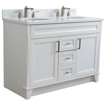 48" Double Sink Vanity, White Finish With White Quartz And Oval Sink