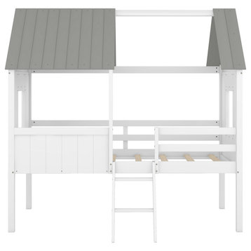 Gewnee Twin Size Low Loft  Bed House Bed with Roof and Window in Gray