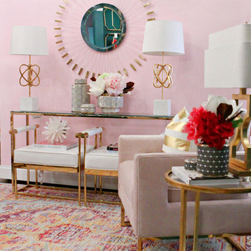 Surya Surya Antioch rug; Wellesly, Bellamy & Bryce lamps; Glyph pillow; Wyman an