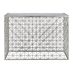 Worlds-Away - Crosshatch Console Table With Inset Mirror Top, Silver - Console Tables