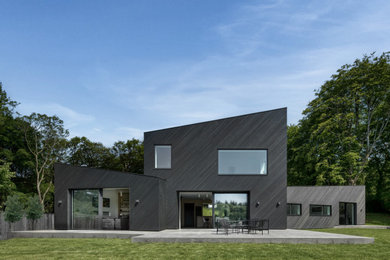 Esempio della villa nera moderna a due piani di medie dimensioni con rivestimento in legno e pannelli e listelle di legno