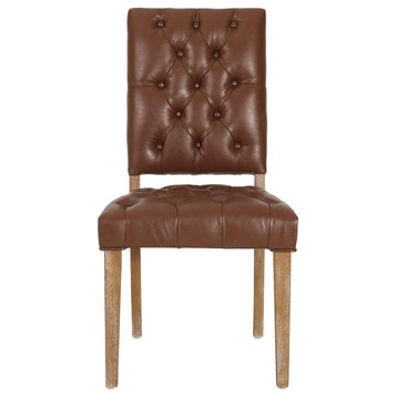 Set of 2 Dining Chair, Faux Leather Seat With Button Tufted Back, Cognac Brown