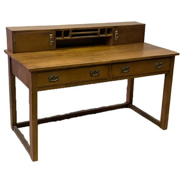 Mission Style Oak Library Table with Hutch - Walnut Stain