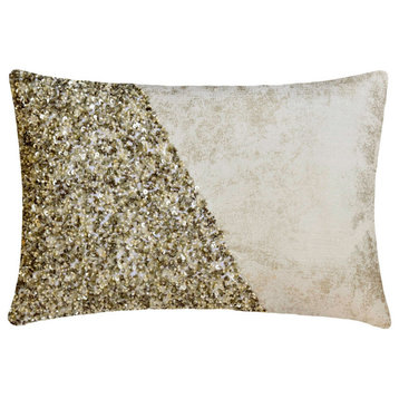 Ivory and Gold Jacquard 12"x20" Lumbar Pillow Cover, Beaded Sequins, Foil Elaina