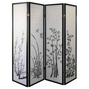 Naturistic Print Wood And Paper 4 Panel Room Divider, White And Black