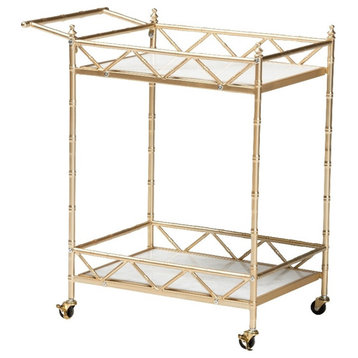 Baxton Studio Mela Gold Metal and White Marble 2-Tier Wine Cart