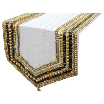 Decorative 10 Seater Table Runner, Ivory Crystals Beaded, 14 x 120 inch, Silk