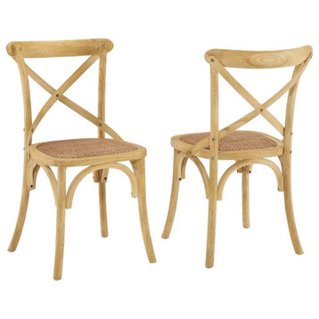 Modway Gear 18.5" Elm Wood and Rattan Dining Side Chair in Natural (Set of 2)