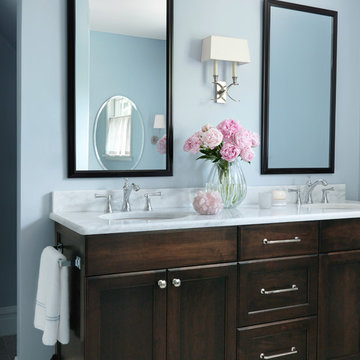 Marble Double Vanity with Dark Cabinetry