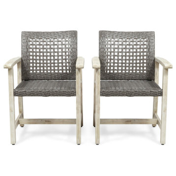 Eartha Outdoor Acacia Wood and Wicker Dining Chair, Set of 2