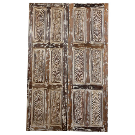 Consigned Vintage Carved Wood Interior Double Door Sliding Barn Door 96