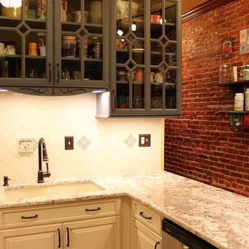 Traditional Galley Kitchen with Beige & Blue Cabinets and Mullion Glass Doors