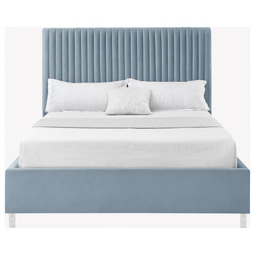 Inspired Home Shemar Bed, Velvet Upholstered Deep Channel Tufted, Slate Blue, King