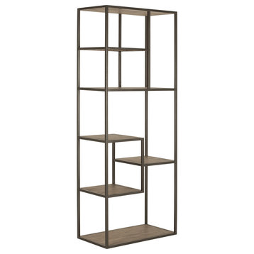 79" Reclaimed Wood and Metal Seven Tier Asymmetrical Bookcase