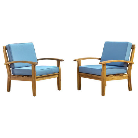 GDF Studio Preston Outdoor Wooden Club Chairs, Blue, Set of 2