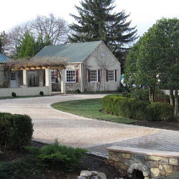 ELEGANT Driveway w granite curb, paver apron & stone culvert wall