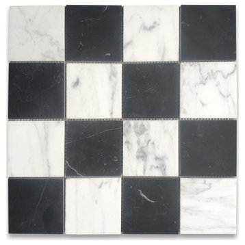 Carrara White & Black Marble 3x3 Checkerboard Chess Mosaic Tile Honed, 1 sheet