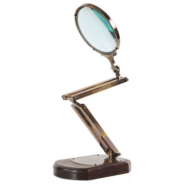 Brass Big Magnifier Glass Decor With Wooden Base