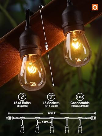 48 FT Outdoor String Lights Commercial Grade Weatherproof Strand
