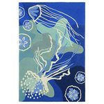 Liora Manne - Capri Jelly Fish Indoor/Outdoor Rug, 5'x7'6" - This hand-hooked area rug features a vibrant abstract underwater design featuring blue hues in navy, blue and aqua with white accents. Jellyfish and sand dollars gently swim through the current in this beautifully soothing design that will effortlessly compliment any space inside or outside your home.  Made in China from a polyester acrylic blend, the Capri Collection is hand tufted to create bright multi-toned detailed designs with a high-quality finish. The material is flatwoven, weather resistant and treated for added fade resistant making this the perfect rug for indoor or outdoor placement. This soft, durable piece is ideal for your patio, sunroom and those high traffic areas such as your entryway, kitchen, dining room and living room. A fresh take on nautical style, these area rugs range in style from coastal to tropical motifs that beautifully accent your home decor. Limiting exposure to rain, moisture and direct sun will prolong rug life.