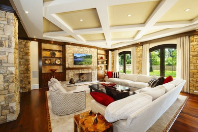 Living room - large transitional formal and enclosed dark wood floor and brown floor living room idea in DC Metro with multicolored walls, a standard fireplace, a stone fireplace and no tv