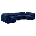 Meridian Furniture - Indulge Upholstered Modular U-Shaped Sectional, Navy, 6-Piece: 4 Armless Chair, 2 Corner Chair, Down Stuffed Velvet - Experience ultimate comfort and style with our navy velvet Indulge Sectional. The luxurious velvet will elevate the aesthetic of any room. This sofa provides ample space for you to relax while its modular build offers the option of unlimited configurations. Whether you're looking to add a stylish element to your living room or a comfortable seating option to your bedroom, this sofa is the perfect choice.