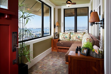 Small tropical sunroom in San Diego with a standard ceiling and multi-coloured floor.