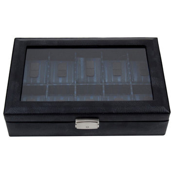 Black Leather 10 Watch Case With Glass Top and Locking Clasp.
