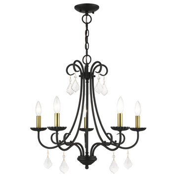 Daphne 5-Light Black Chandelier, Antique Brass Accents and Clear Crystals