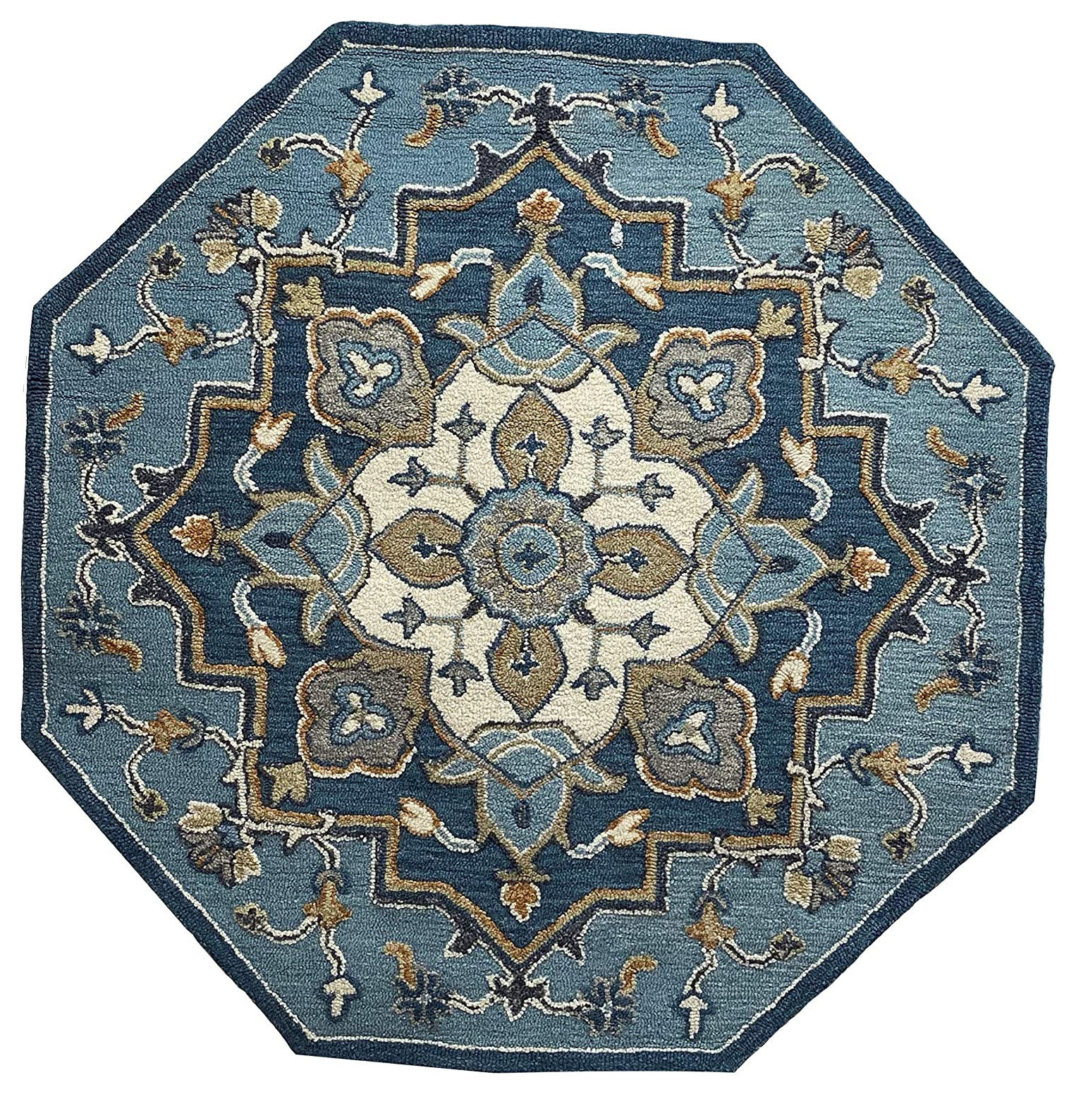 7' Blue And Cream Octagon Wool Handmade Area Rug, 7'3