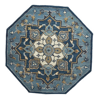 7' Blue And Cream Octagon Wool Handmade Area Rug, 7'3