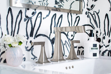 Bathroom - small rustic kids' gray tile and marble tile marble floor and gray floor bathroom idea in Atlanta with open cabinets, white cabinets, a two-piece toilet and white walls