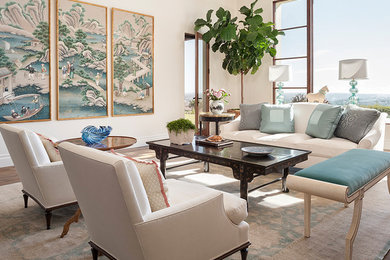 Mid-sized transitional formal and enclosed dark wood floor and brown floor living room photo in Los Angeles with white walls, no fireplace and no tv