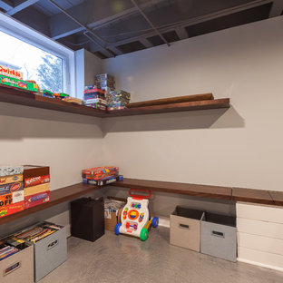 This is an example of a large traditional look-out basement in Chicago with blue walls, concrete flooring, no fireplace and blue floors.