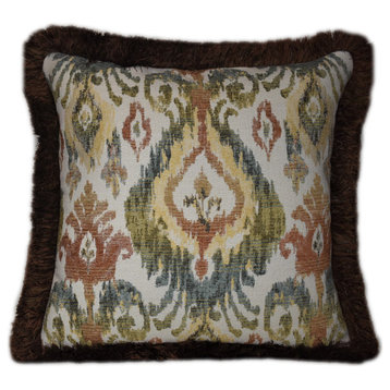 burnt orange and aqua floral print chenille decorative throw pillow with fringe