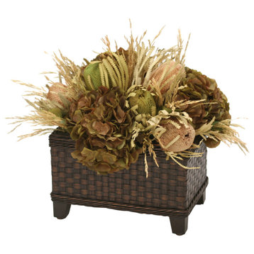 Natural Banksia Proteas with Grass and Hydrangeas in Wicker Basket