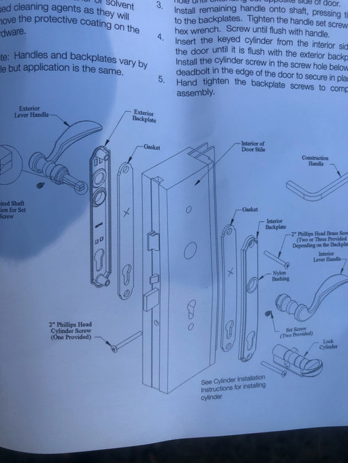 drilling deadbolt on hinged single pane patio door as entry door