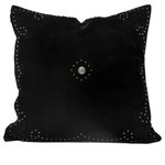 Paseo Road by HiEnd Accents - Western Suede Antique Silver Concho & Studded Pillow, 20" x 20", Black - Embodying Western sophistication in every detail, this genuine suede pillow showcases a lone silver concho in the middle, enveloped by an elegant silver-studded border. Available in black, gray, navy, and tobacco, this accent pillow brings a luxurious, rustic touch to any room.