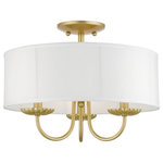 Livex Lighting - Livex Lighting 3 Light Soft Gold Semi-Flush Mount - The three-light Brookdale semi-flush combines floral details and casual elements to create an updated look. The hand-crafted off-white fabric hardback drum shade is set off by an inner silky white fabric that combines with chandelier-like soft gold finish sweeping arms which creates a versatile effect. Perfect fit for the living room, dining room, kitchen or bedroom.