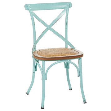 Set of 2 Dining Chair, Metal Frame With X-Shaped Backrest & Rattan Seat, Blue