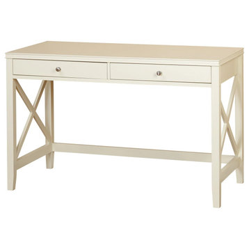 Transitional Desk, X-Shaped Sides & 2 Drawers With Round Knobs, Antique White